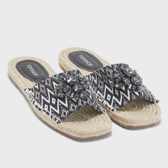 NWT Topshop black & white textile smoked crystal bejewelled flat slide sandals - Picture 2 of 12